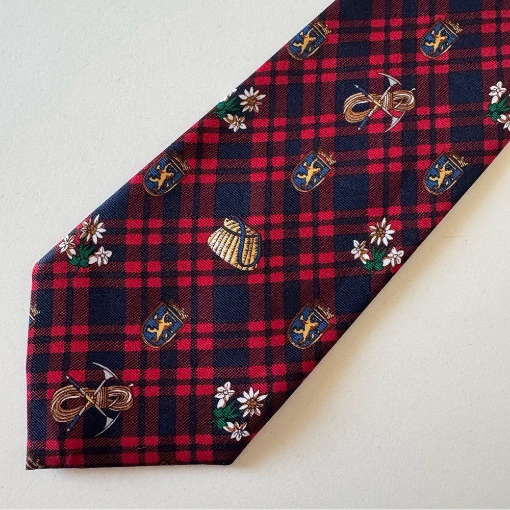 Vintage Black Red Silk Plaid European Theme Edelweiss Men's Tie